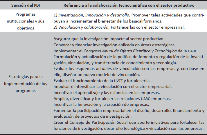 Elementos del PDI 2015-2019 en cuanto a la colaboración y la transferencia de conocimiento