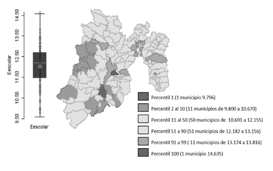 Esperanza en años de escolaridad promedio Estado de México (2010) Mapa de percentiles y diagrama de caja